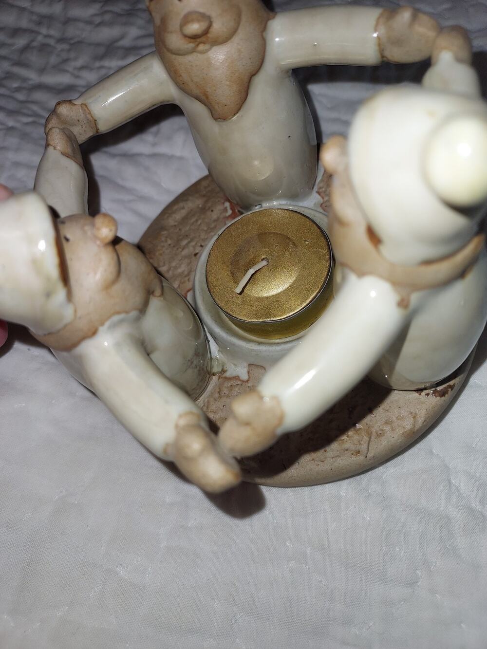 Kirklands Stoneware Tea light Candle Holder w/ 3 elves natural stone color 5" tl